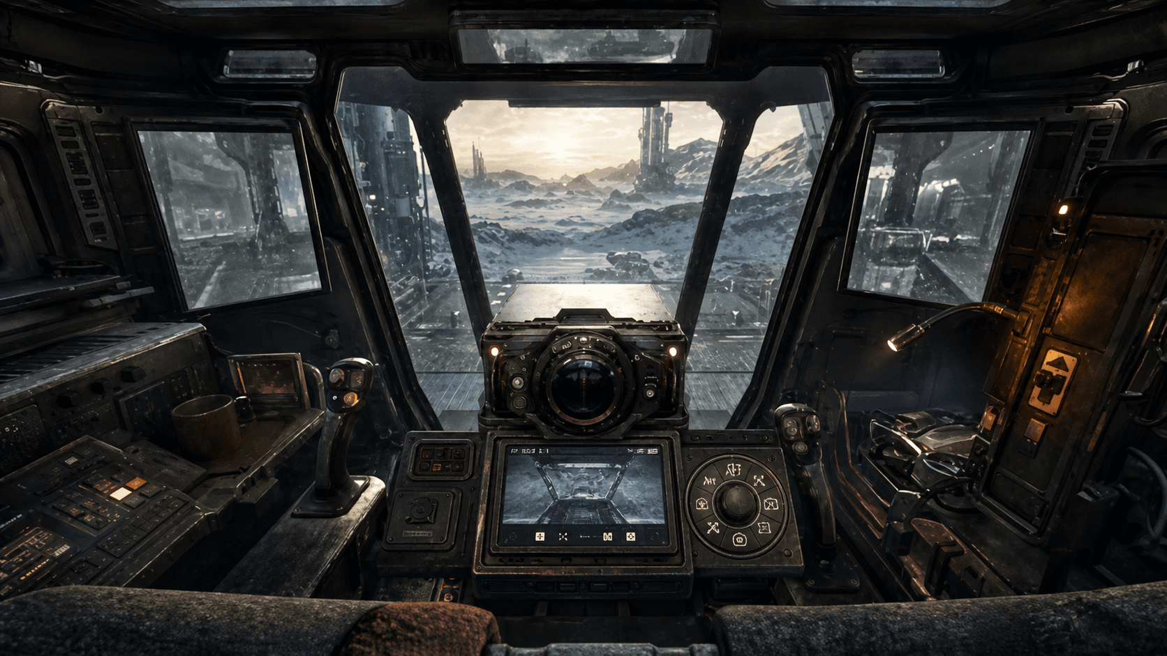 A warm, lived-in mech cockpit looking out toward an unknown world
